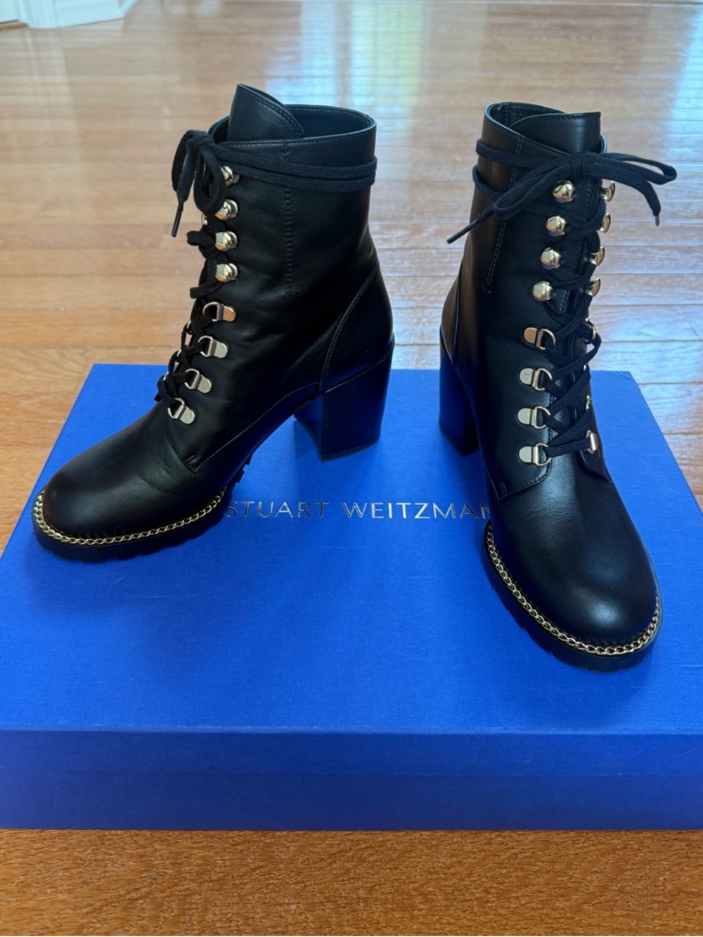 NWT Stuart Weitzman Black Leather Lace-Up Combat Heel Boots with Gold Chain Trim